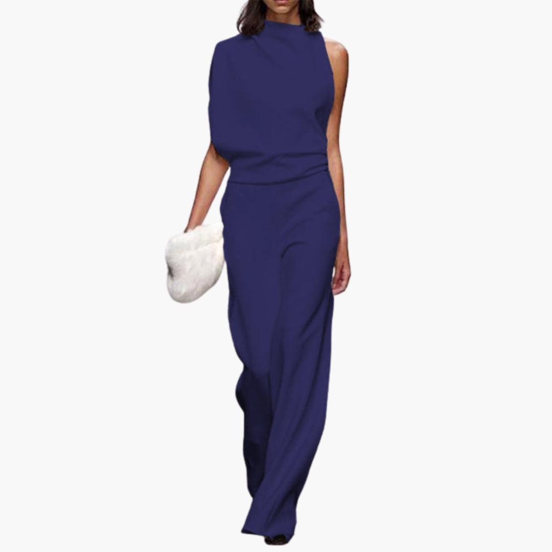 Tuta donna con collo rotondo e gambe larghe