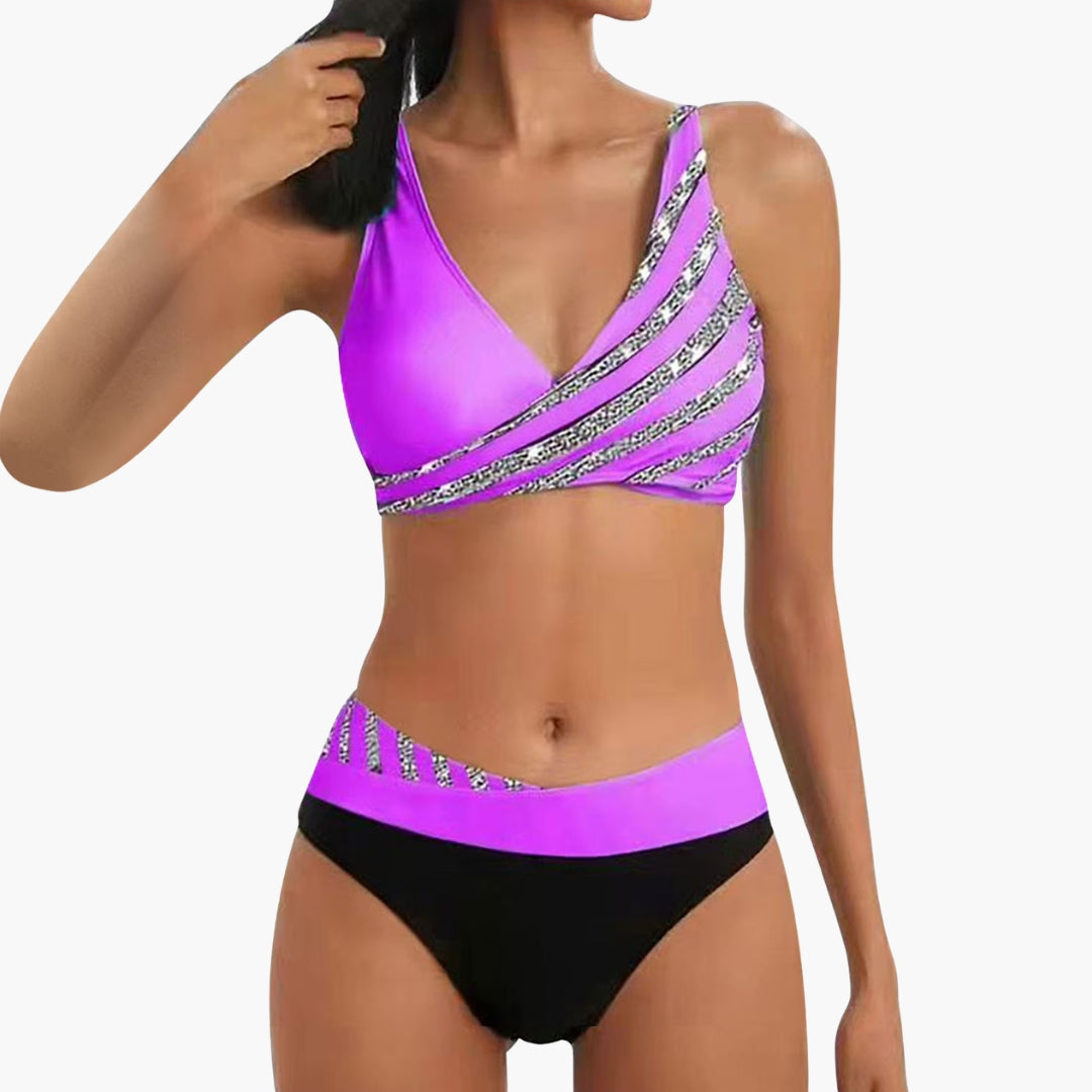 Bikini femme à rayures scintillantes a bas taille haute