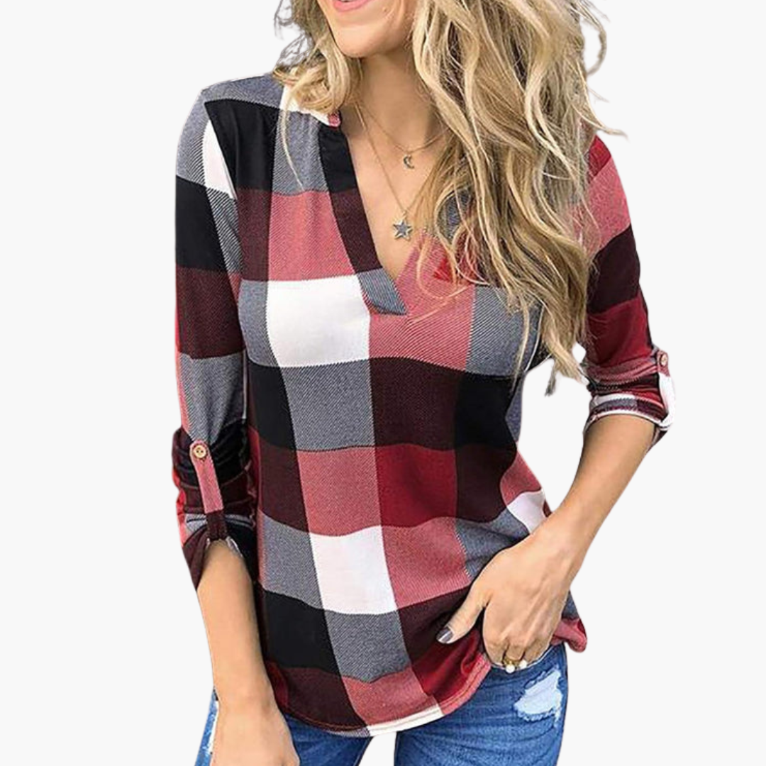 Blouse à carreaux pour femme avec encolure en V et manches longues