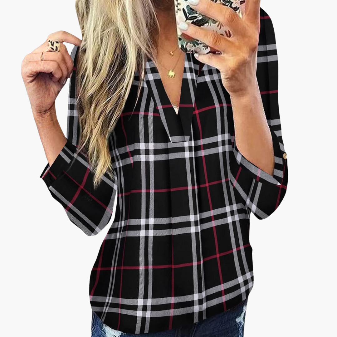Blouse à carreaux pour femme avec encolure en V et manches longues