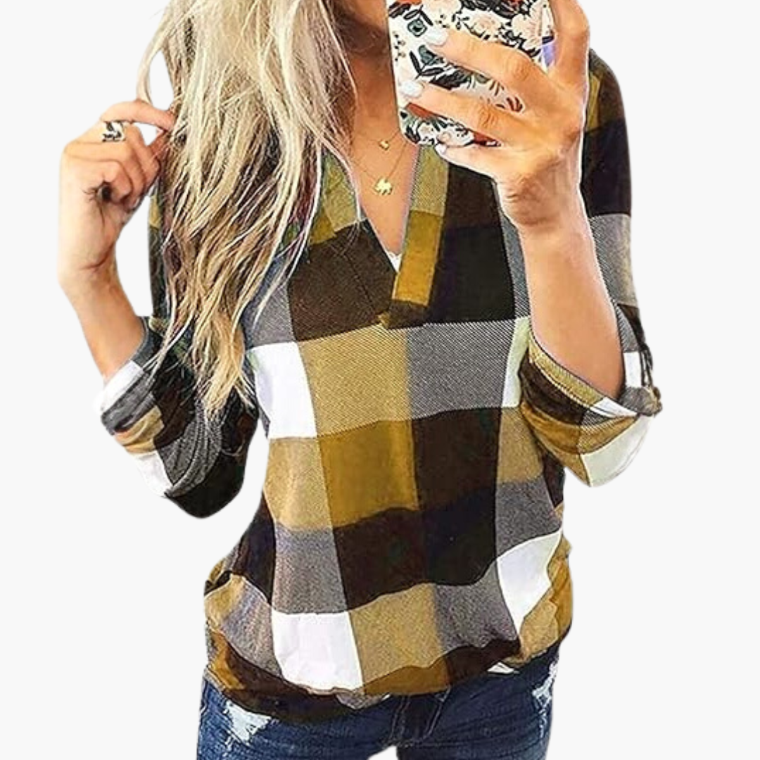 Blouse à carreaux pour femme avec encolure en V et manches longues