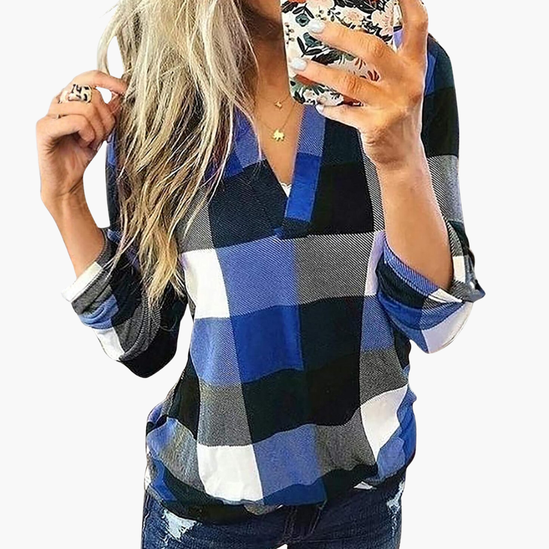 Blouse à carreaux pour femme avec encolure en V et manches longues