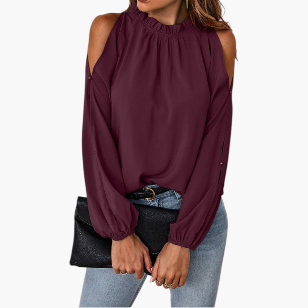 Blouse femme à col volanté et manches bouffantes