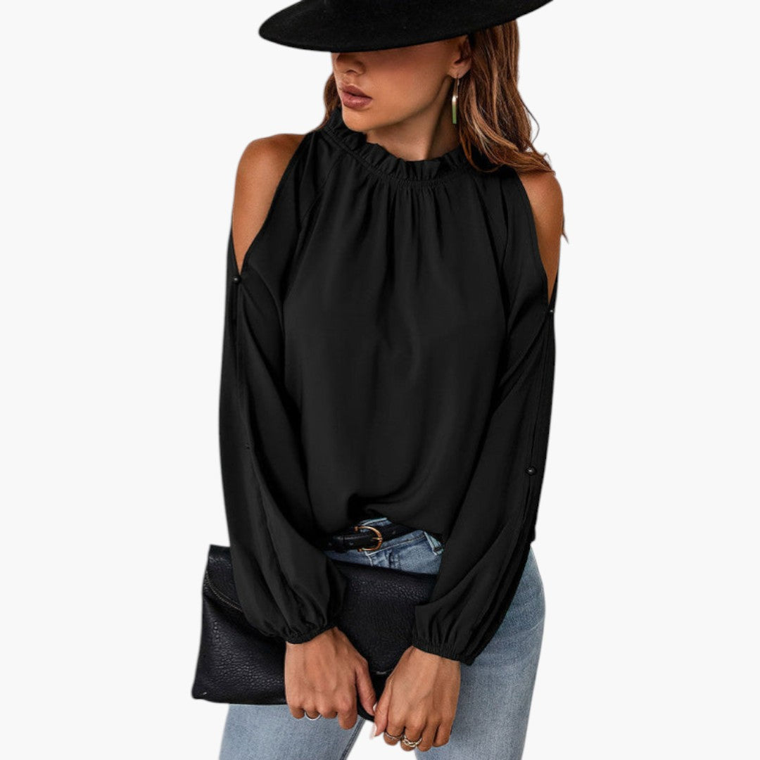 Blouse femme à col volanté et manches bouffantes