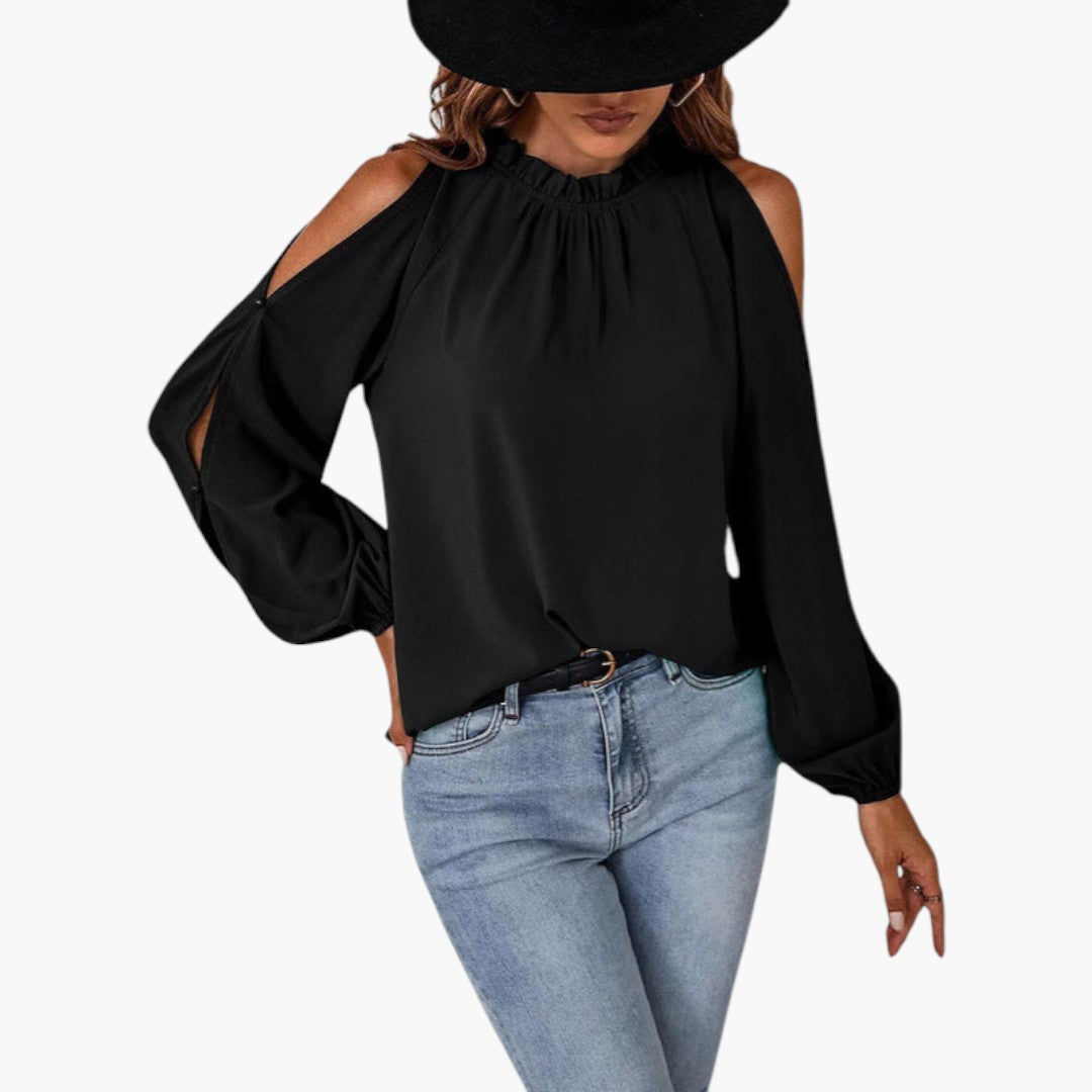 Blouse femme à col volanté et manches bouffantes