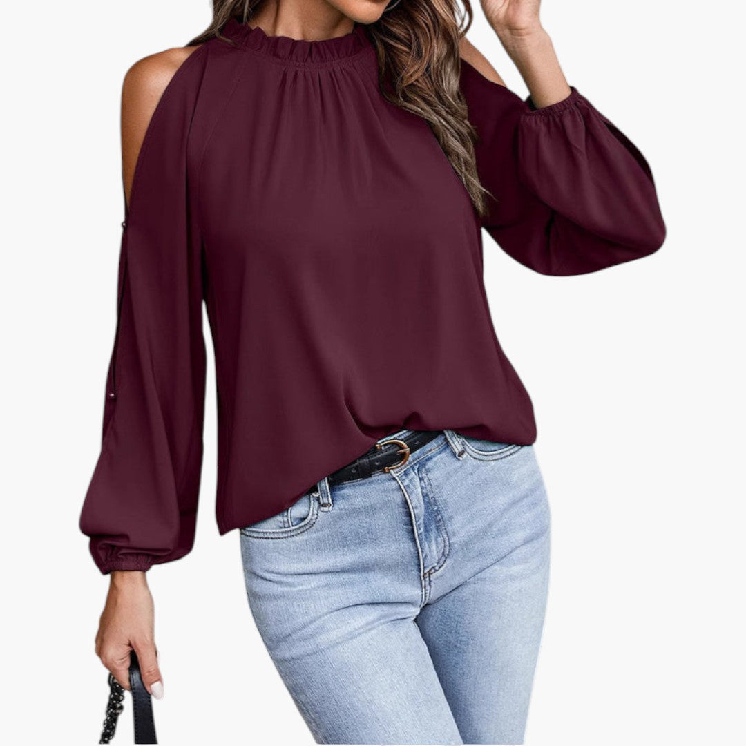 Blouse femme à col volanté et manches bouffantes