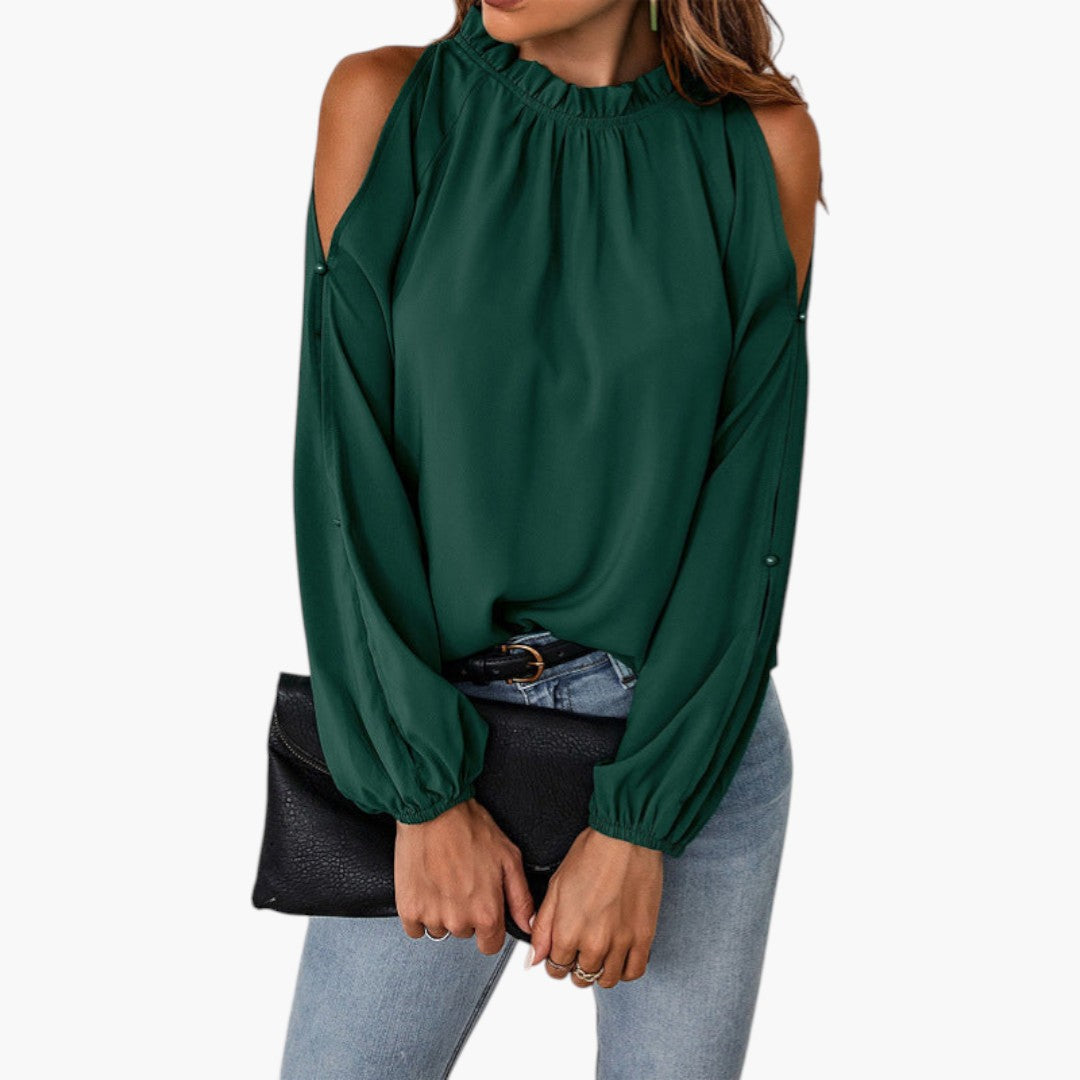Blouse femme à col volanté et manches bouffantes