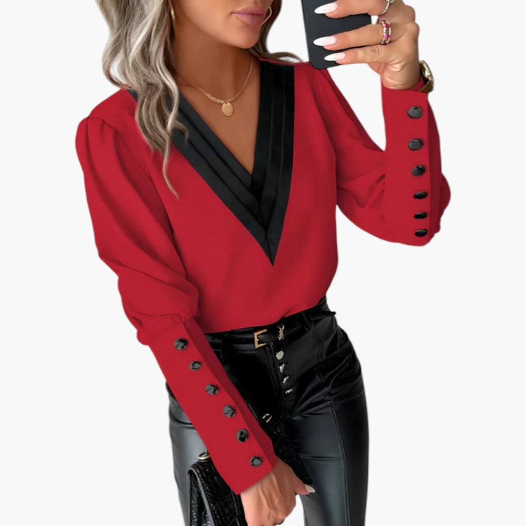 Blouse femme à encolure en V et poignets boutonnés