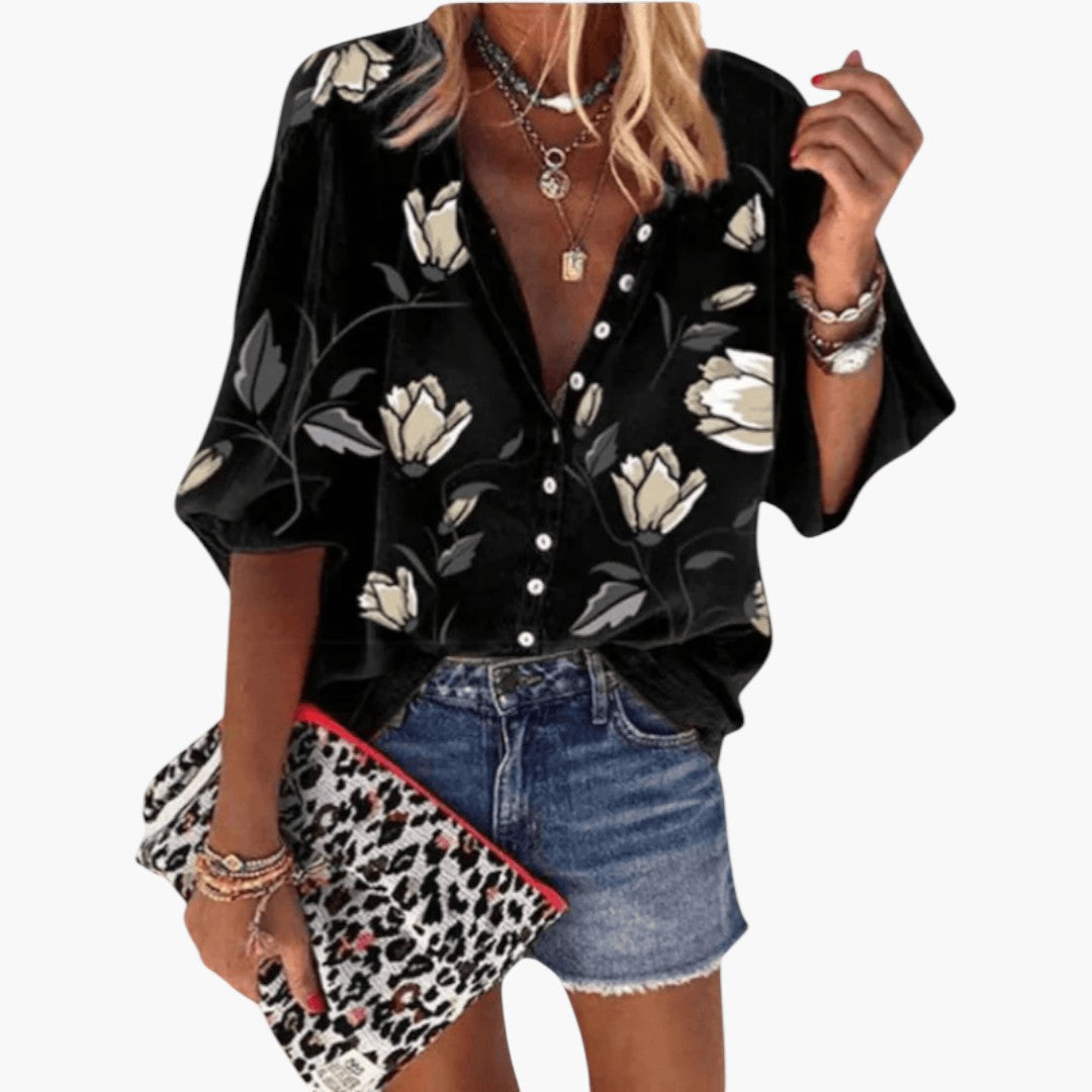 Blouse femme à patte de boutonnage et manches courtes