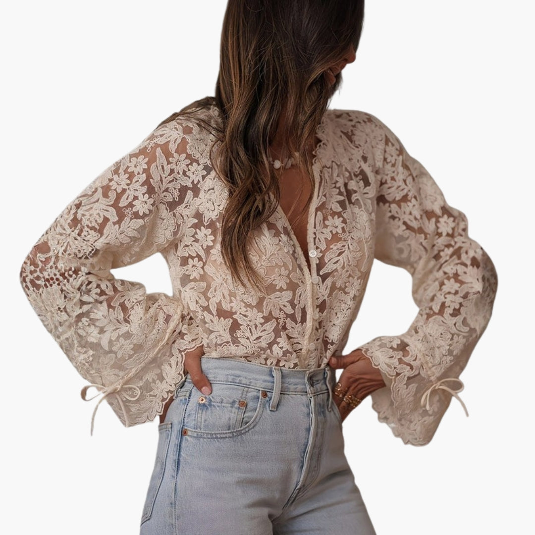 Blusa donna con scollo a V e ricamo floreale