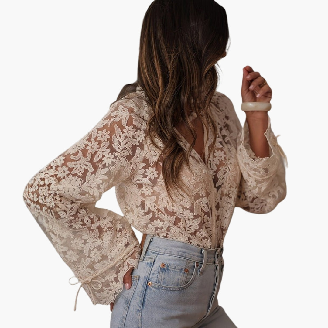Blusa donna con scollo a V e ricamo floreale