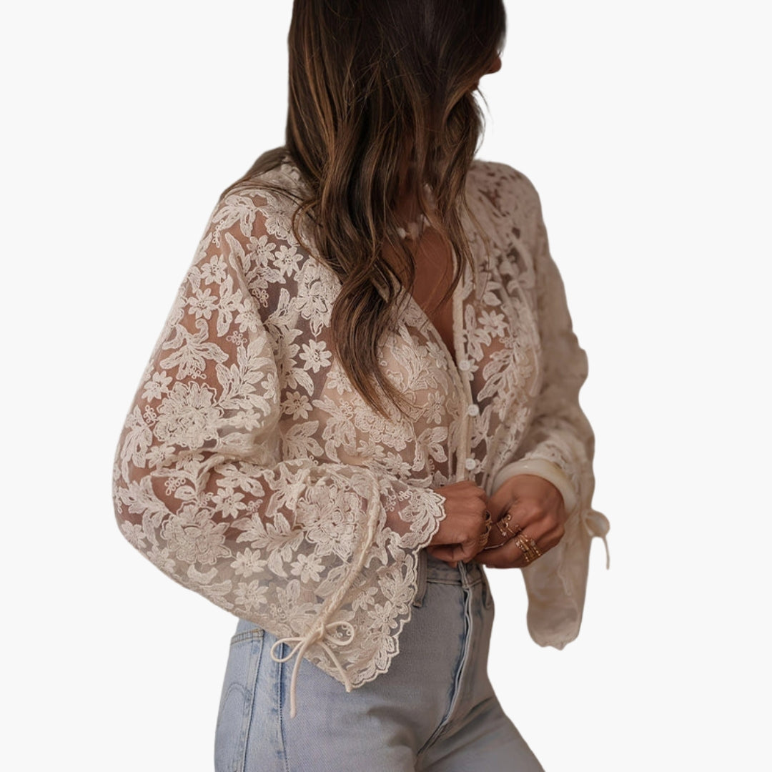 Blusa donna con scollo a V e ricamo floreale