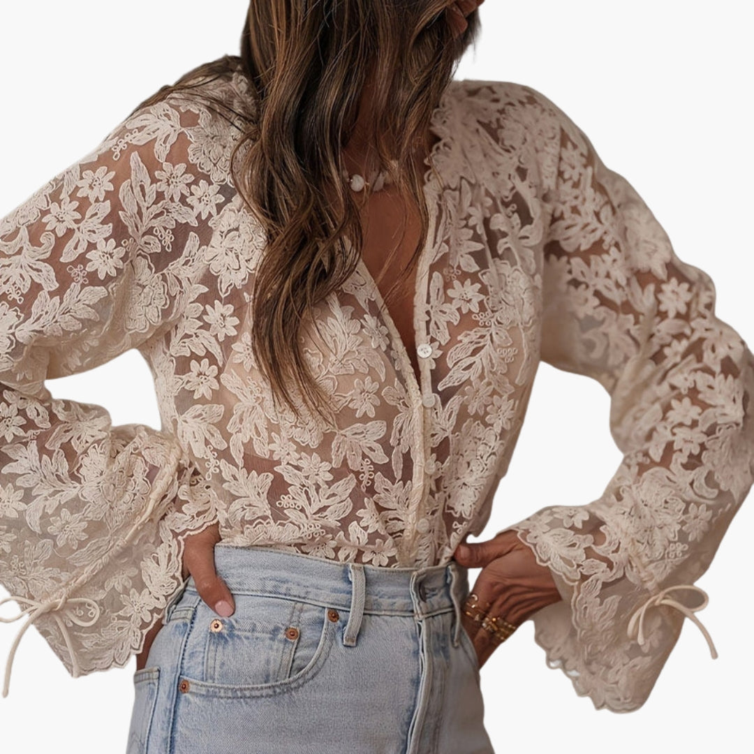 Blusa donna con scollo a V e ricamo floreale