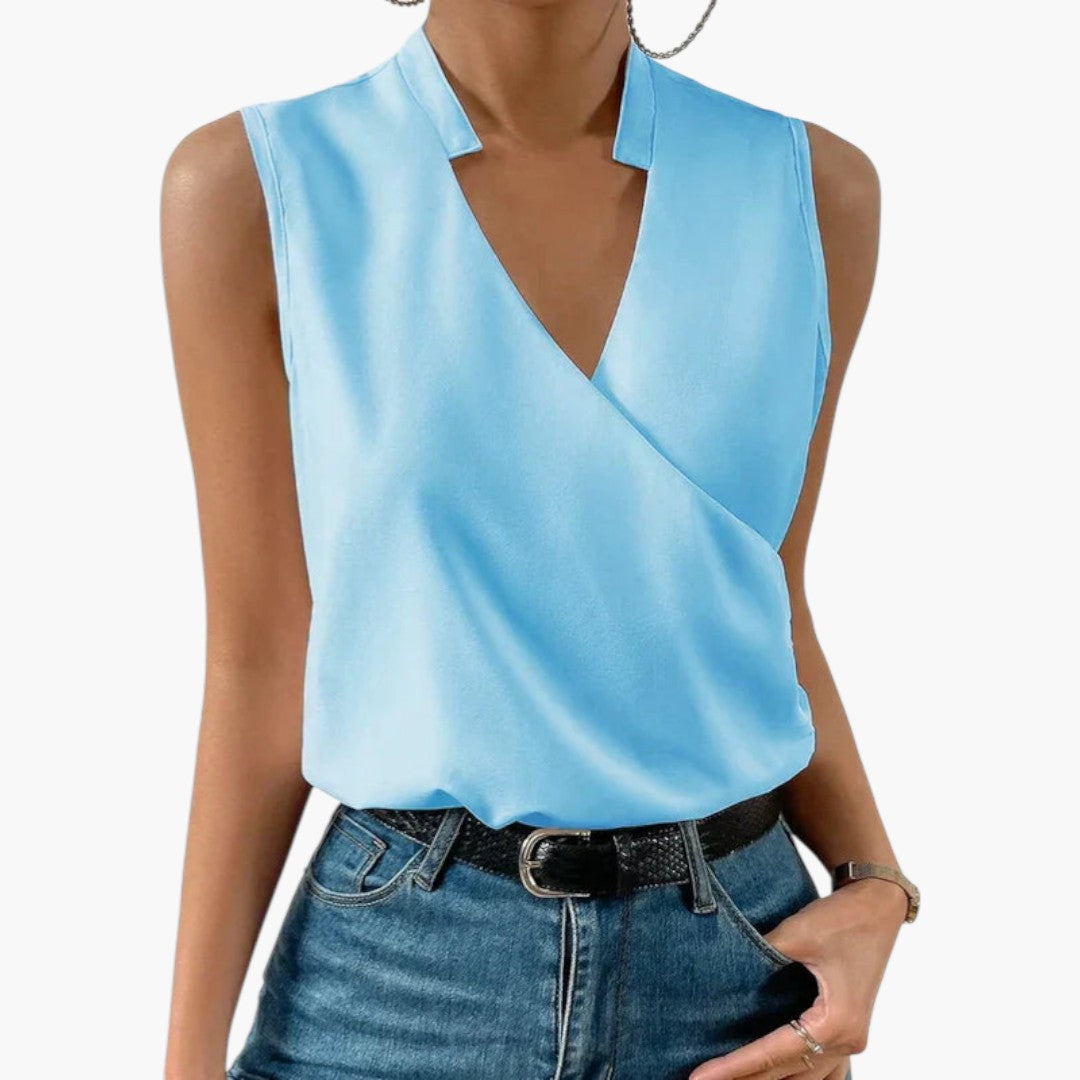 Blouse femme col V sans manches effet cache cœur