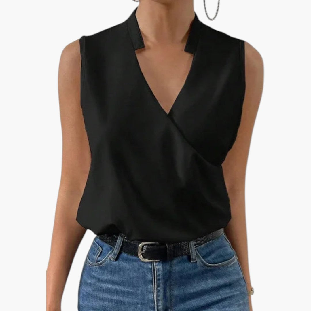 Blouse femme col V sans manches effet cache cœur