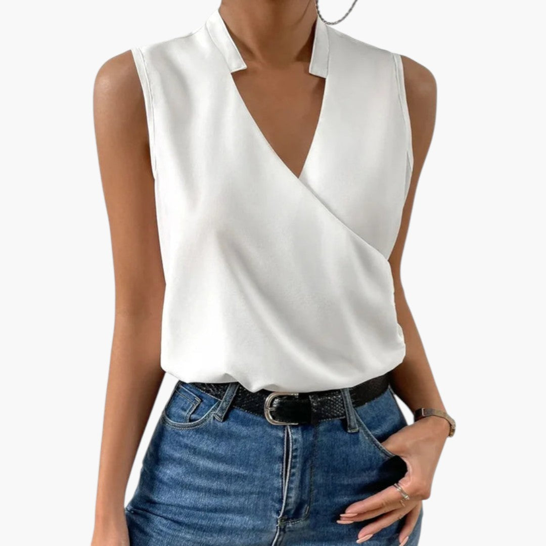 Blouse femme col V sans manches effet cache cœur