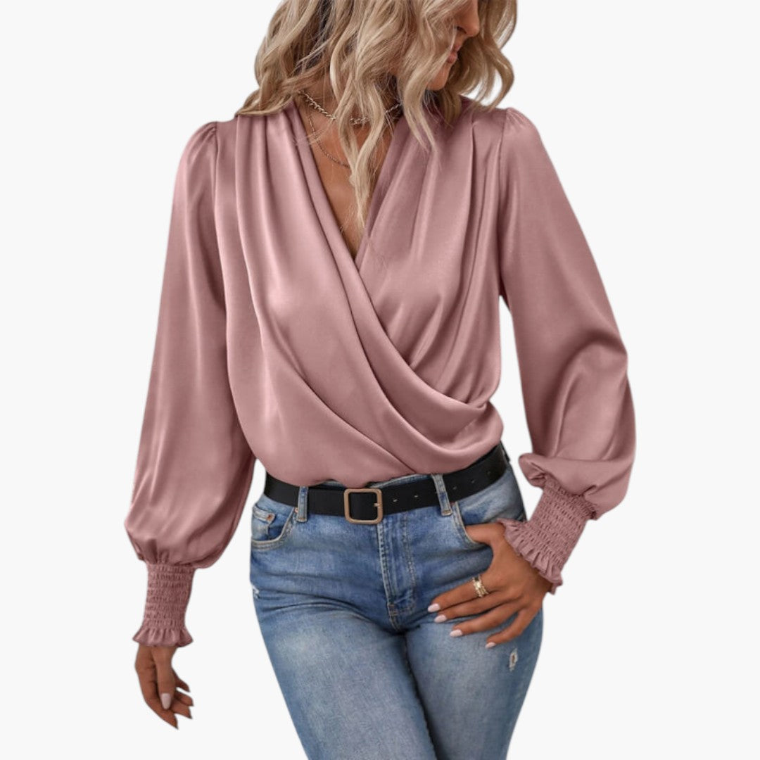 Blouse femme portefeuille à encolure en V et poignets smockés