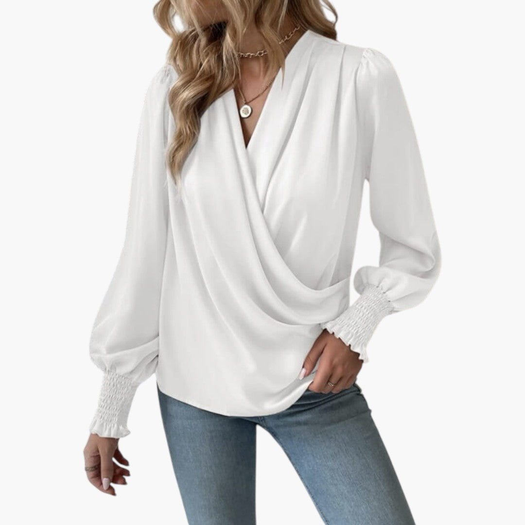 Blouse femme portefeuille à encolure en V et poignets smockés