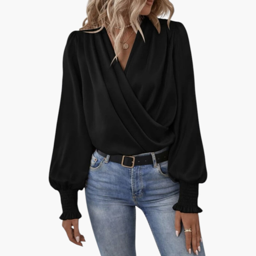 Blouse femme portefeuille à encolure en V et poignets smockés