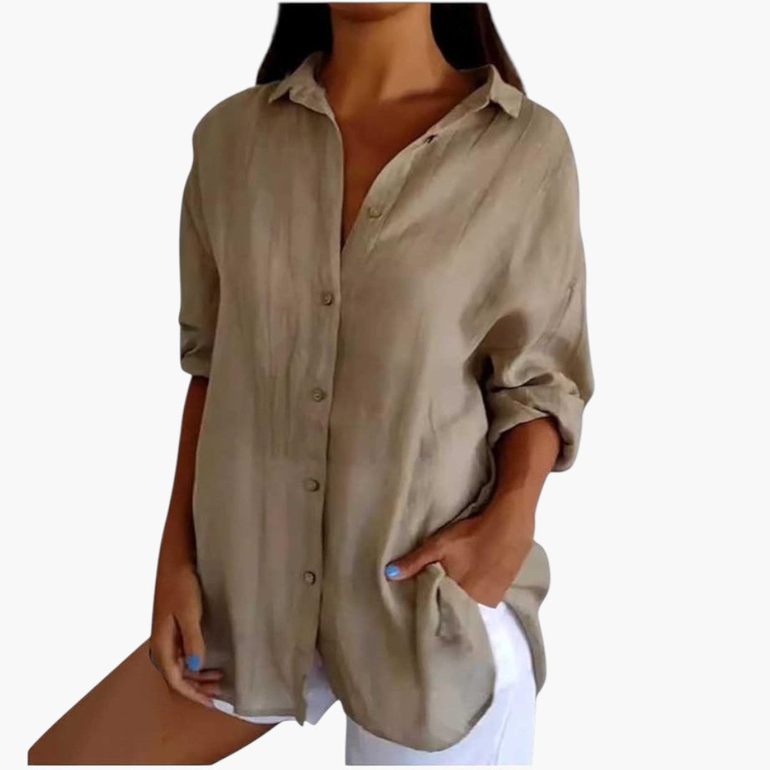 Blouse longue femme avec col et patte de boutonnage