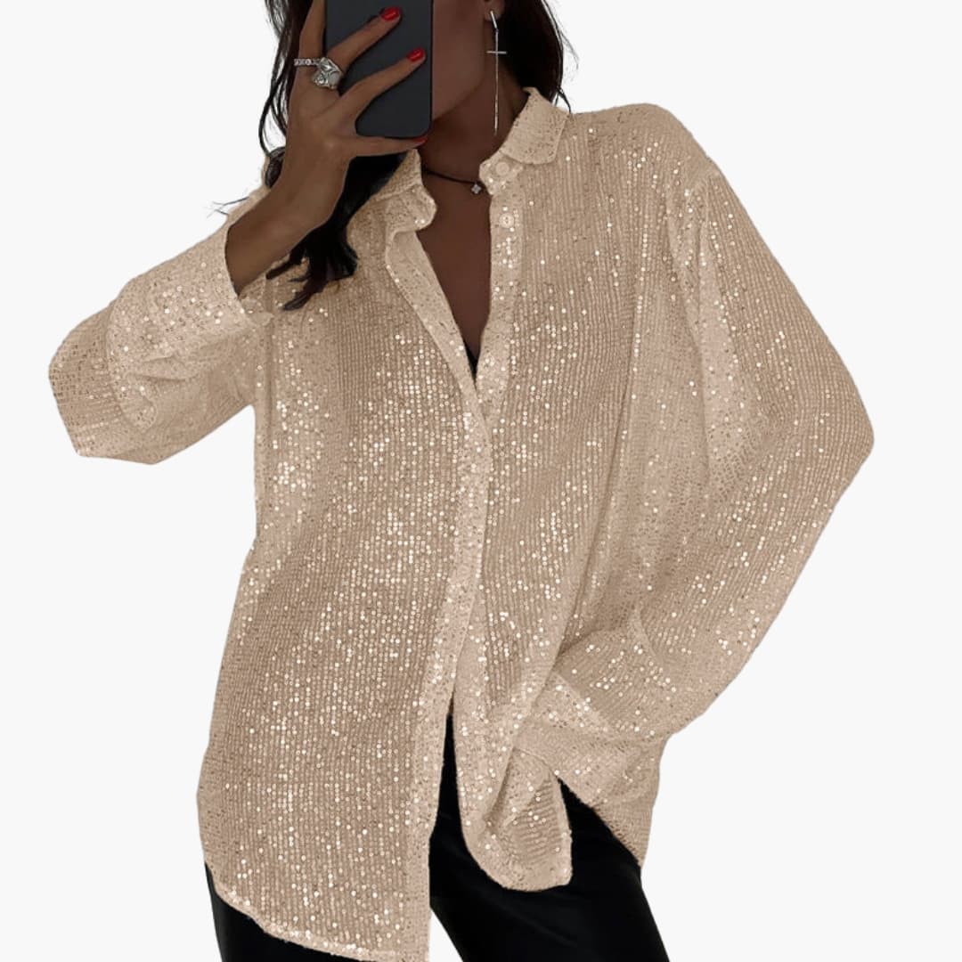 Blouse oversize scintillante pour femme avec manches longues et coupe structurée pour un style chic