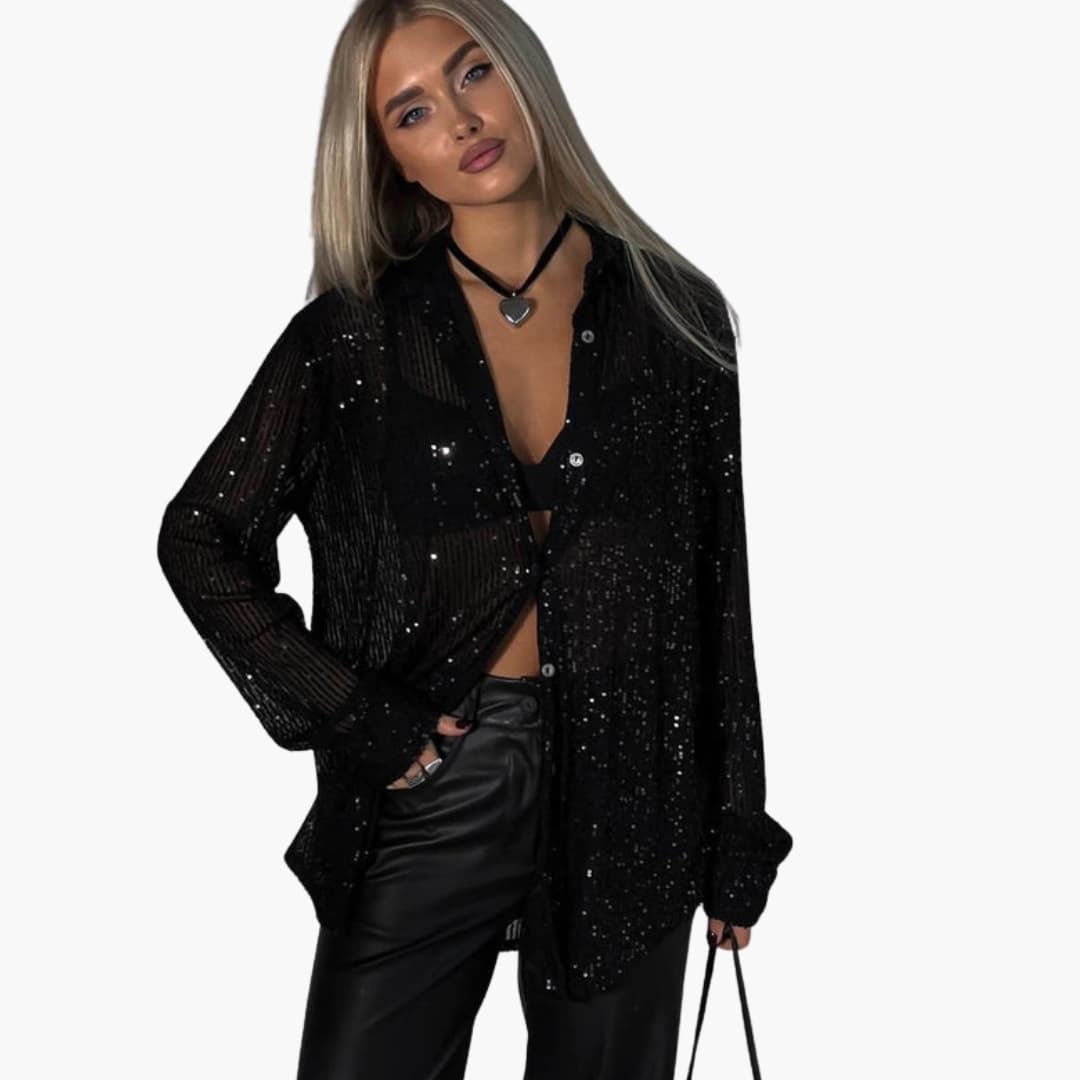 Blouse oversize scintillante pour femme avec manches longues et coupe structurée pour un style chic