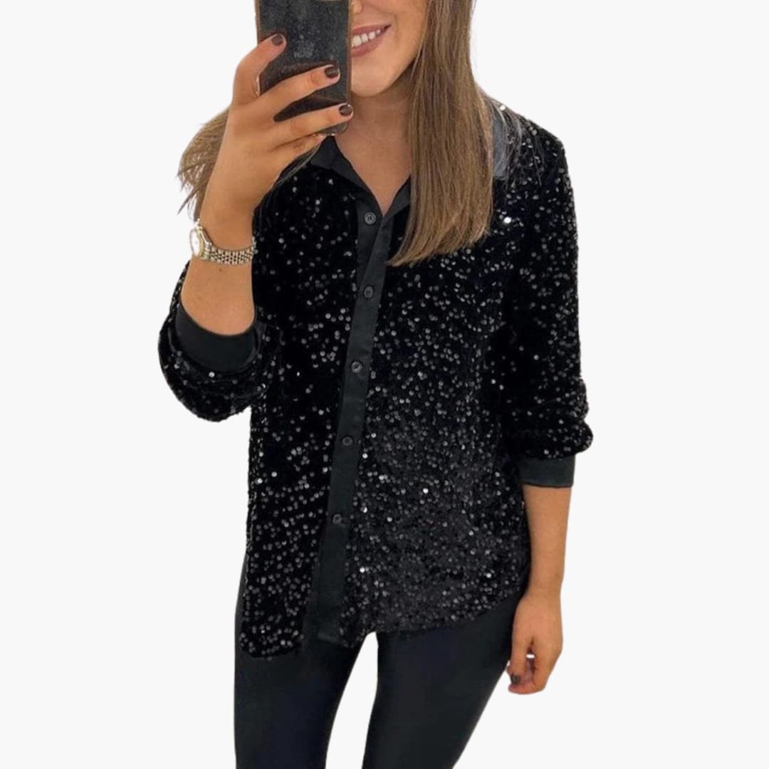 Blouse pailletée à sequins pour femme Col classique et fermeture boutonnée