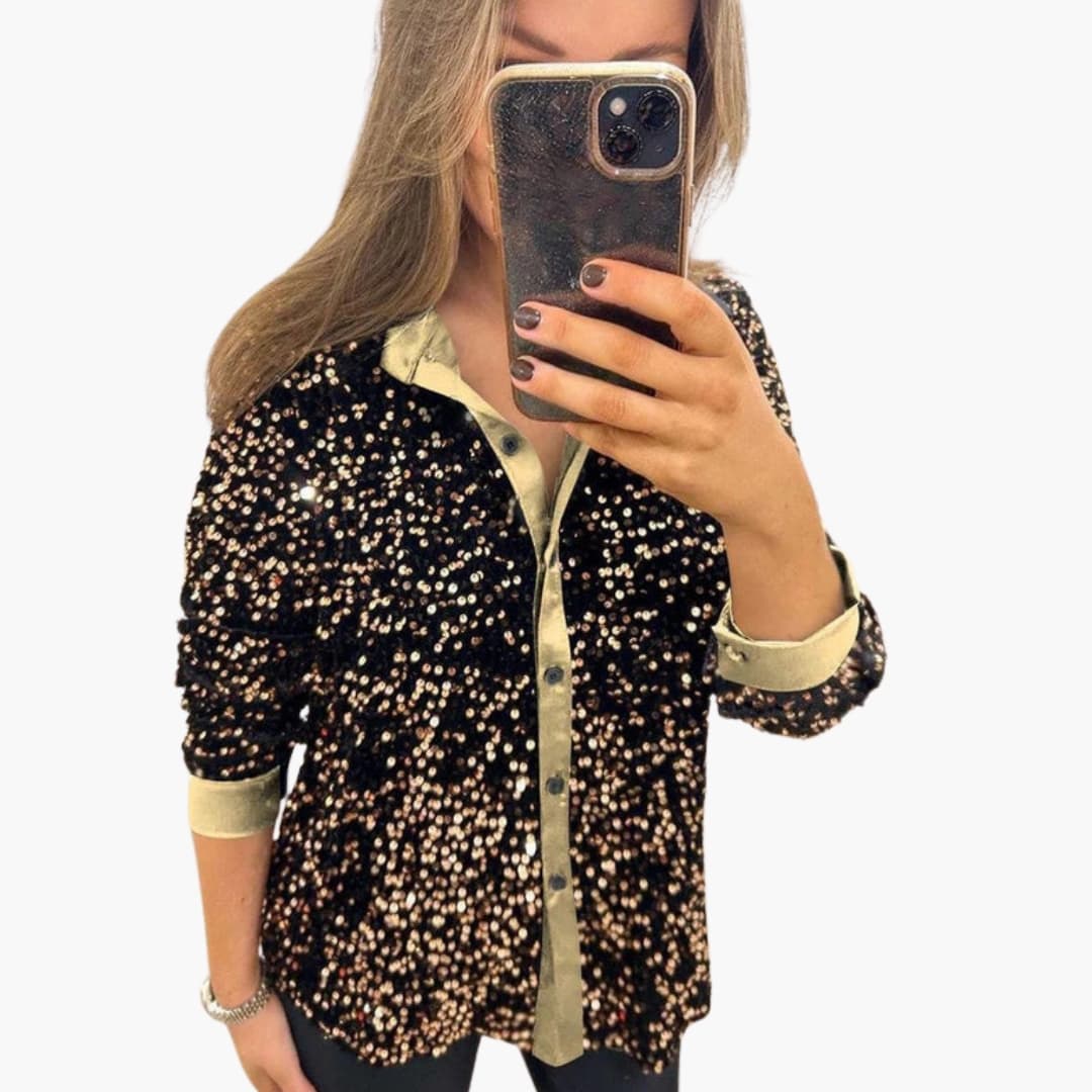 Blouse pailletée à sequins pour femme Col classique et fermeture boutonnée
