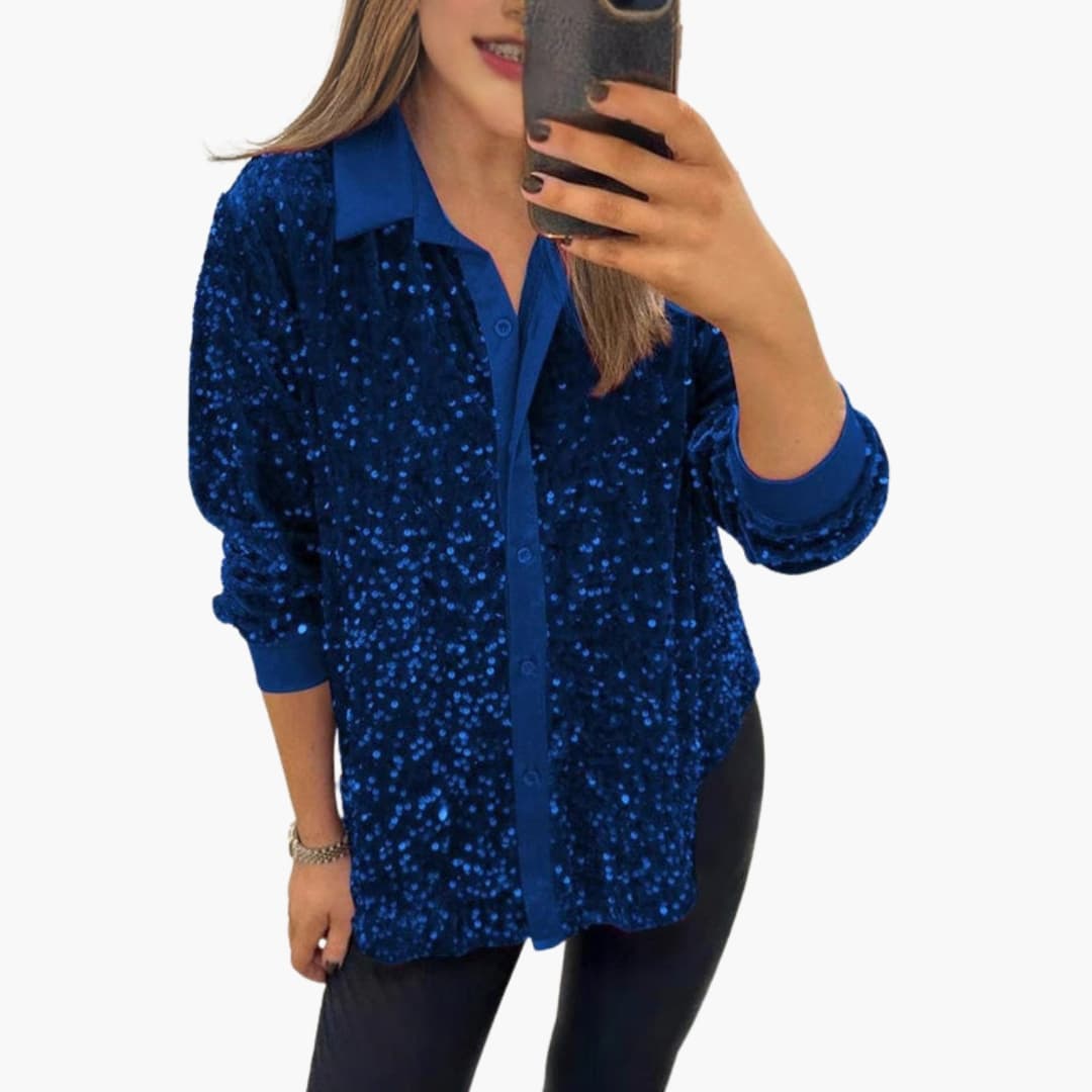 Blouse pailletée à sequins pour femme Col classique et fermeture boutonnée