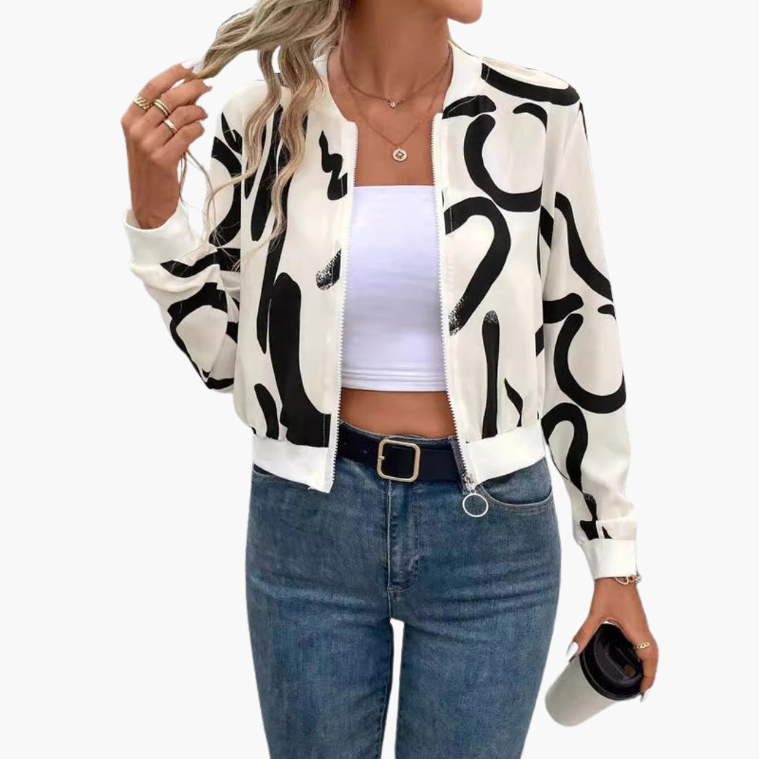 Women's Bomber Jacket with Artistic Pattern and Zipper Closure