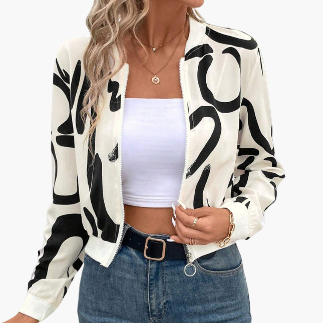 Women's Bomber Jacket with Artistic Pattern and Zipper Closure