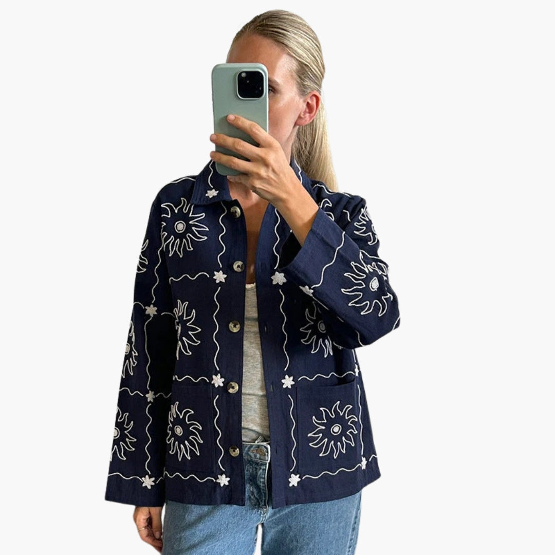 Blouson Bombardier Femme à Boutons et Motifs Imprimés