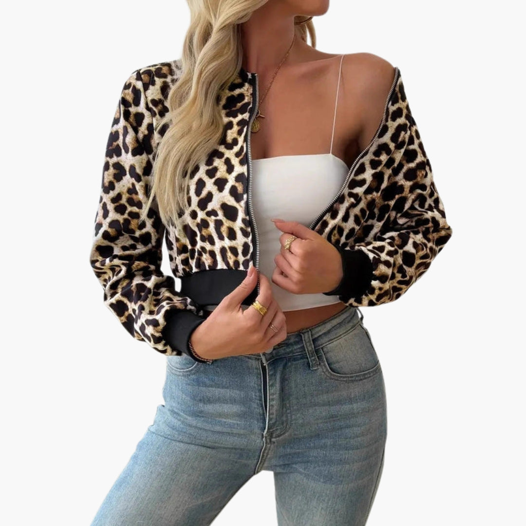 Blouson bomber til kvinder med leopardmønster og ribkanter