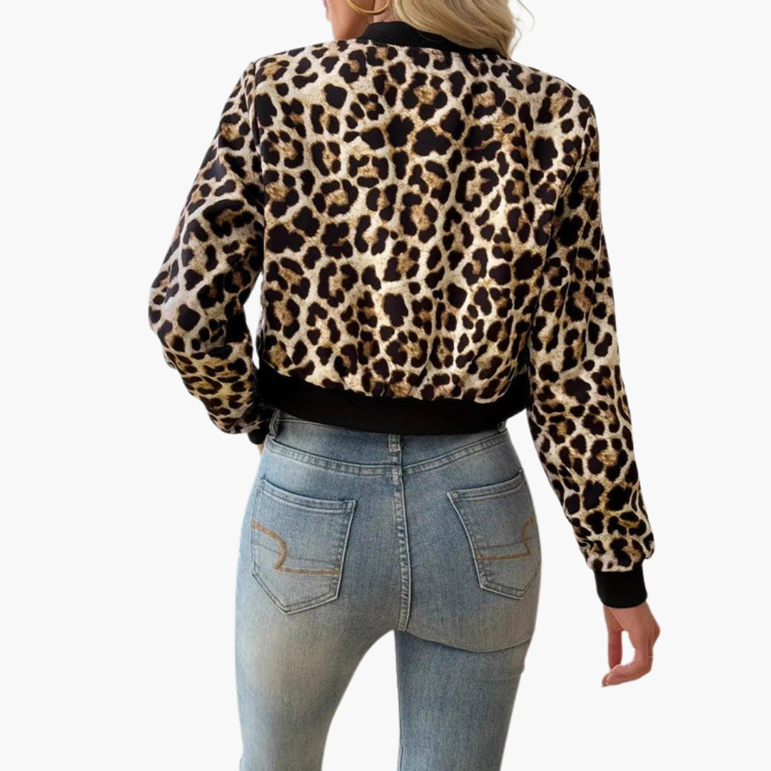 Blouson bomber til kvinder med leopardmønster og ribkanter