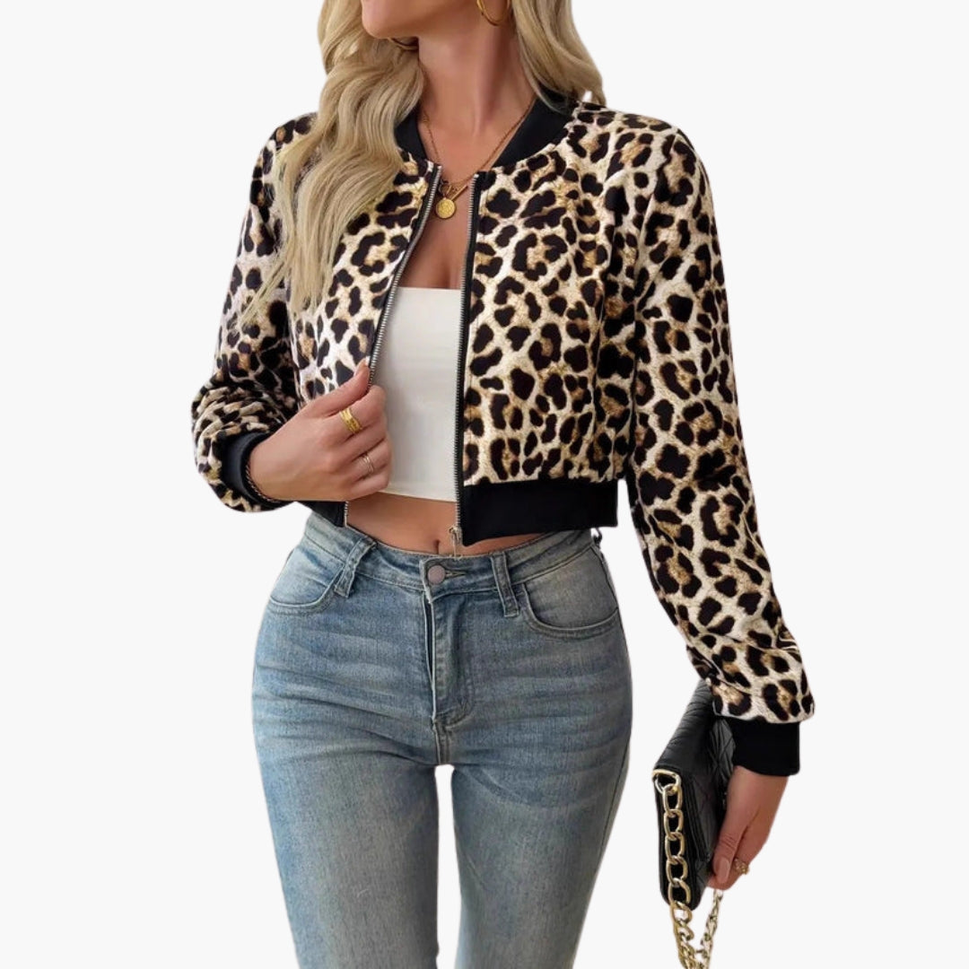 Blouson bomber til kvinder med leopardmønster og ribkanter
