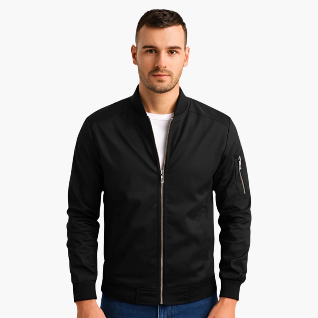 Blouson bomber til mænd med ribbet krave og lynlåslomme på ærmet