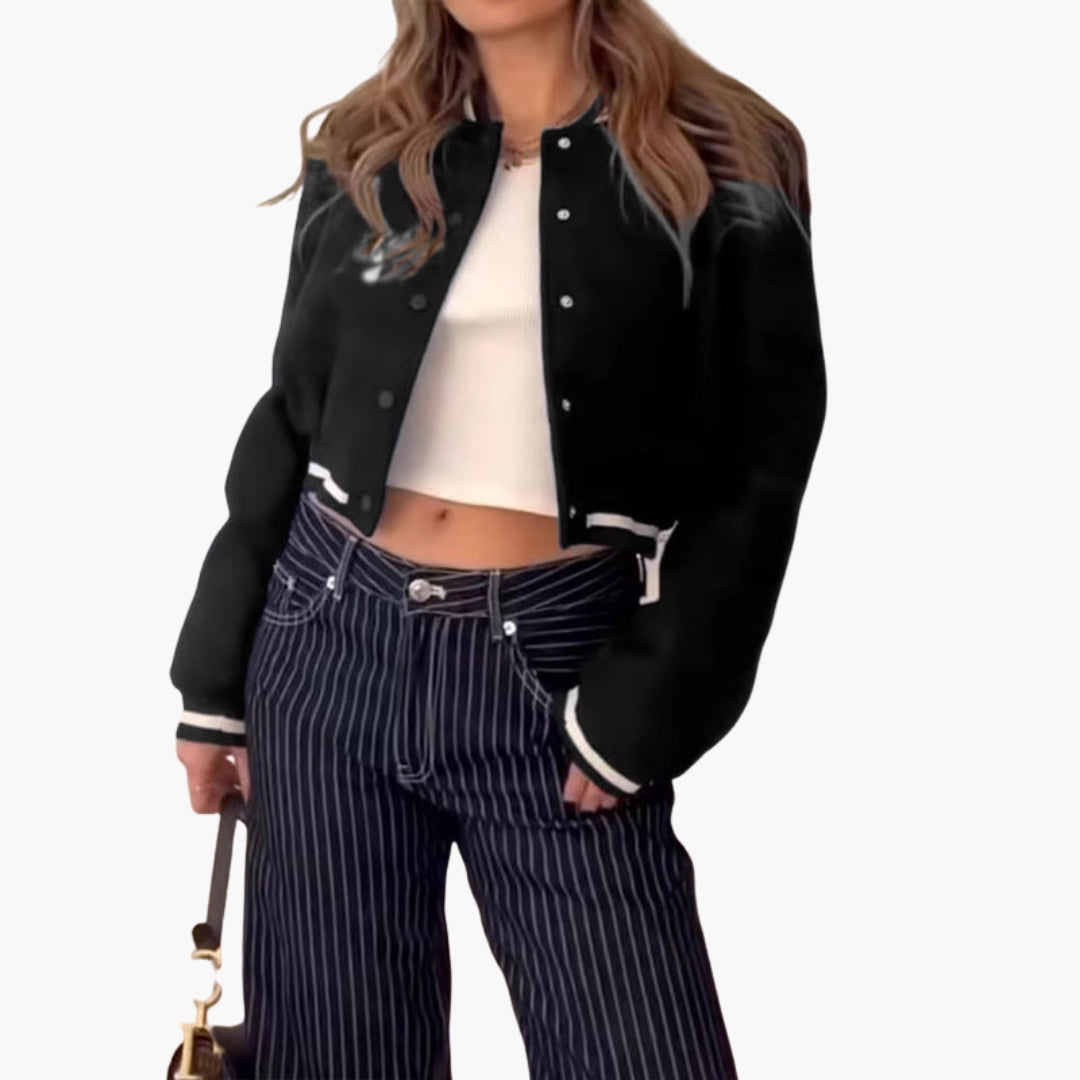 Women's Bomber Jacket with Striped Ribbed Cuffs