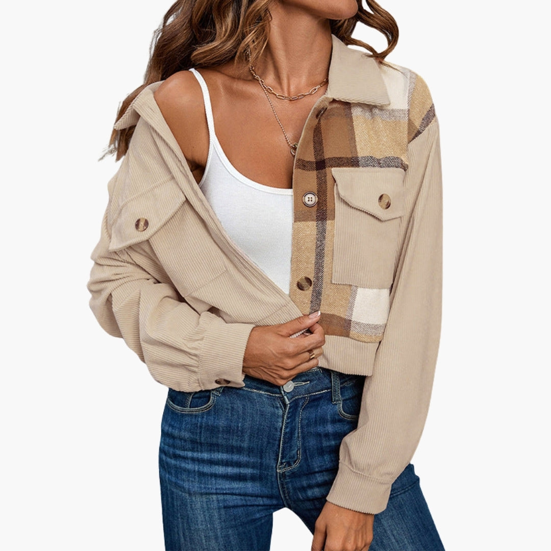 Women's Checkered Pattern Bomber Jacket with Side Pockets