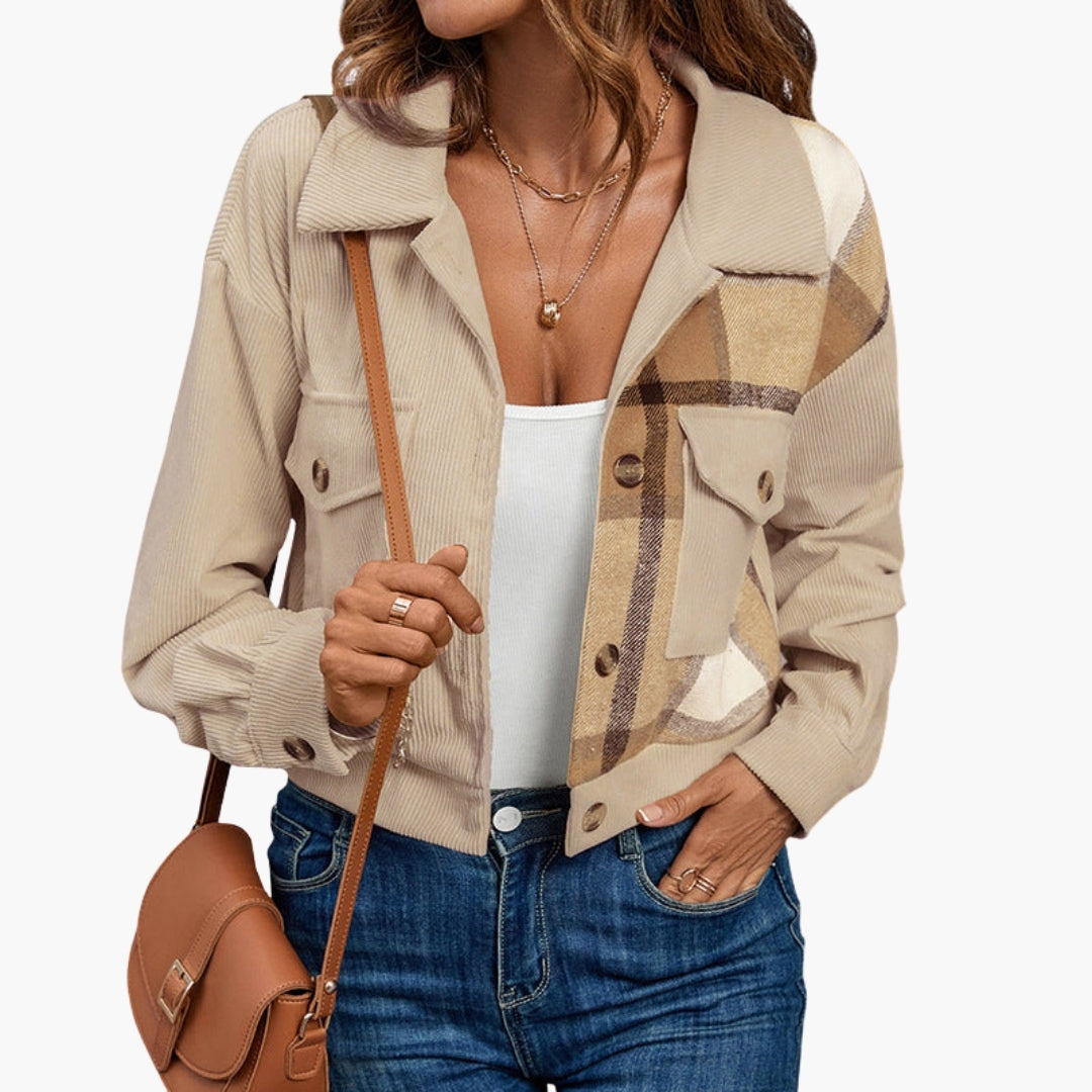 Women's Checkered Pattern Bomber Jacket with Side Pockets