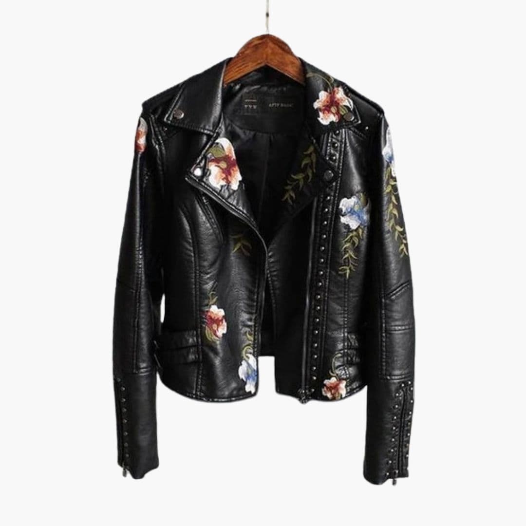 Dame motorcykeljakke med blomsterbroderi