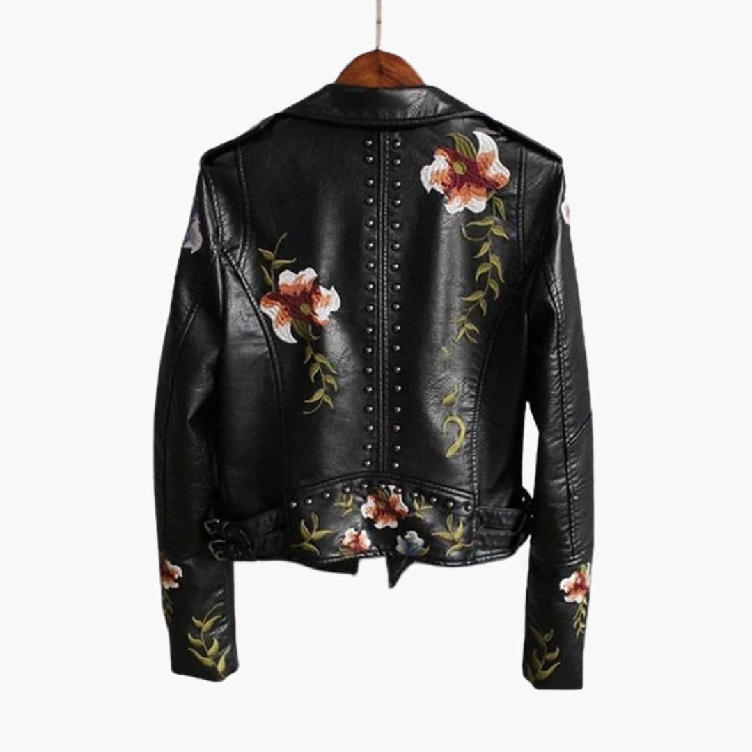 Dame motorcykeljakke med blomsterbroderi
