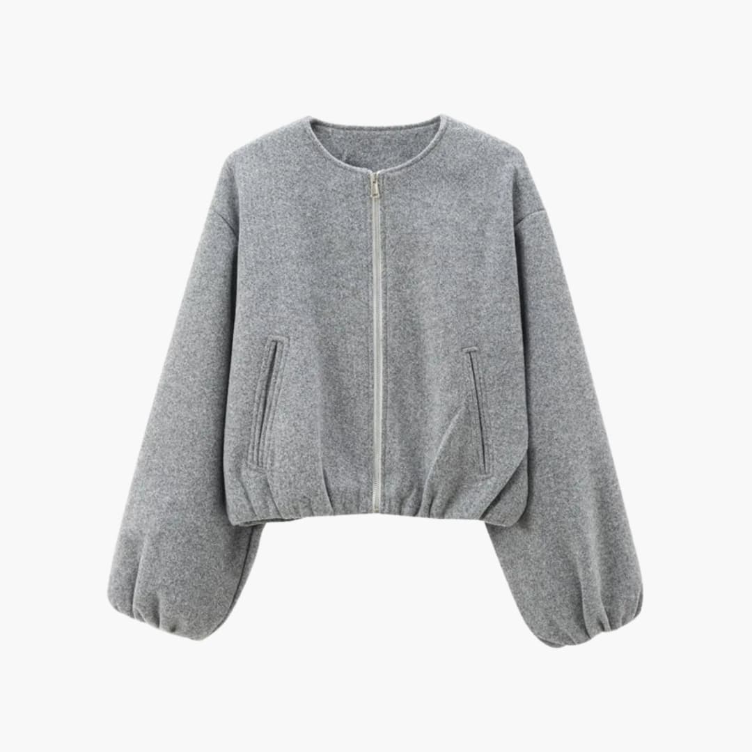 Women's short bomber jacket with zip closure and long sleeves