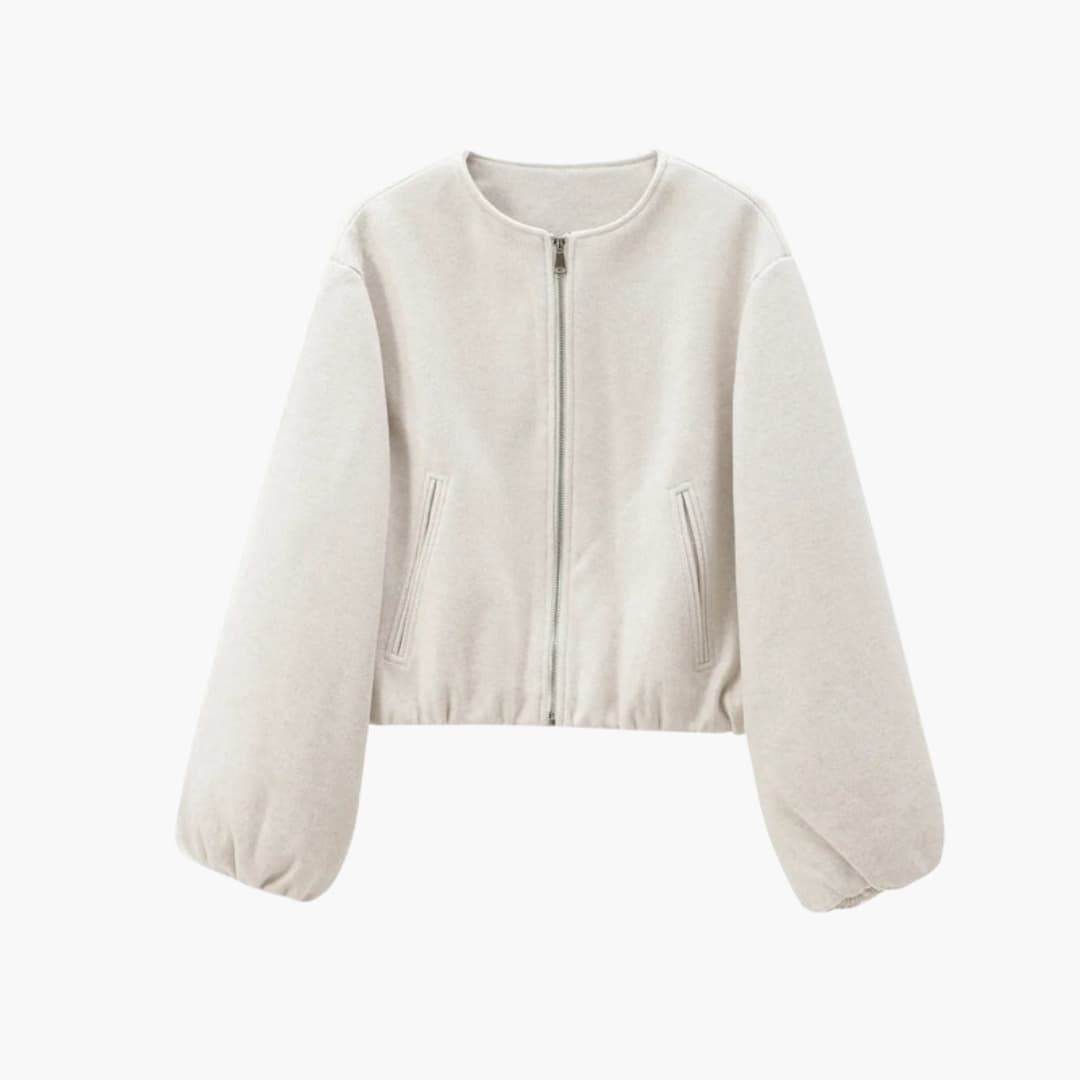 Women's short bomber jacket with zip closure and long sleeves