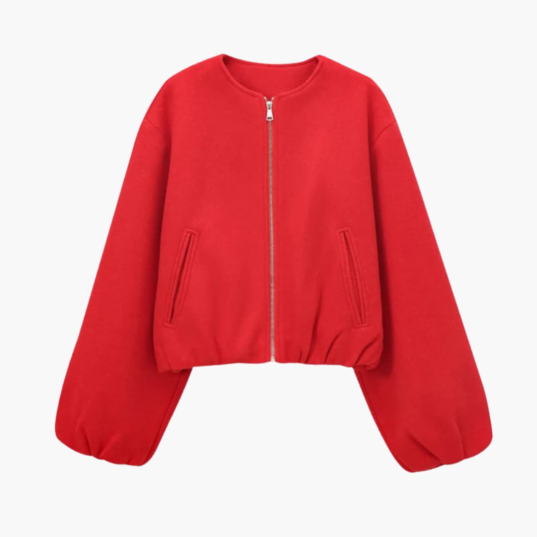 Women's short bomber jacket with zip closure and long sleeves