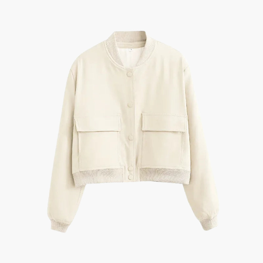 Women's bomber jacket with snap button closure
