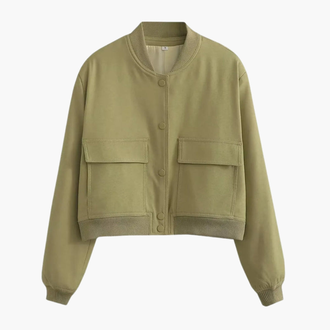 Women's bomber jacket with snap button closure