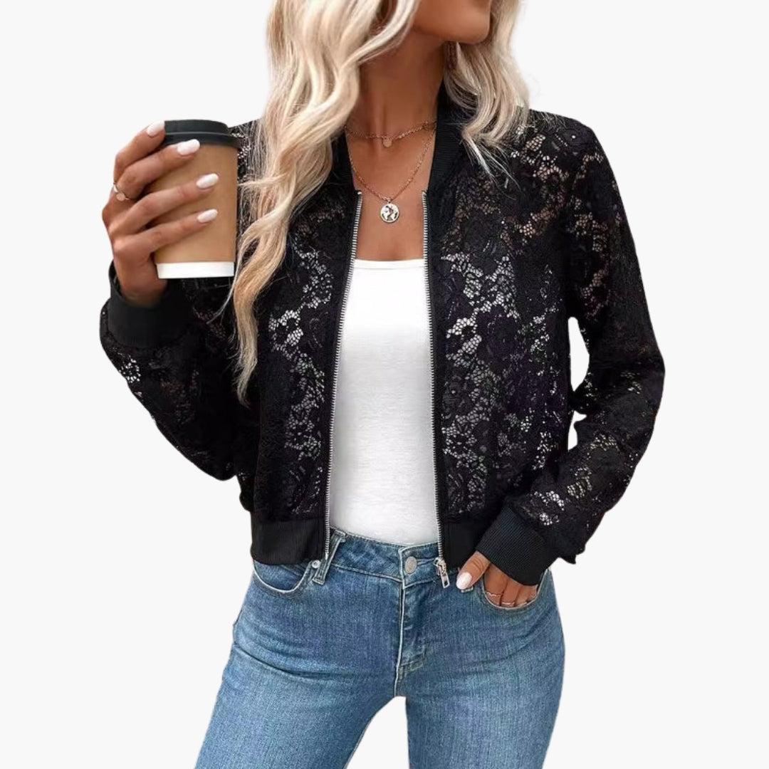 Women's lace bomber jacket with ribbed cuffs