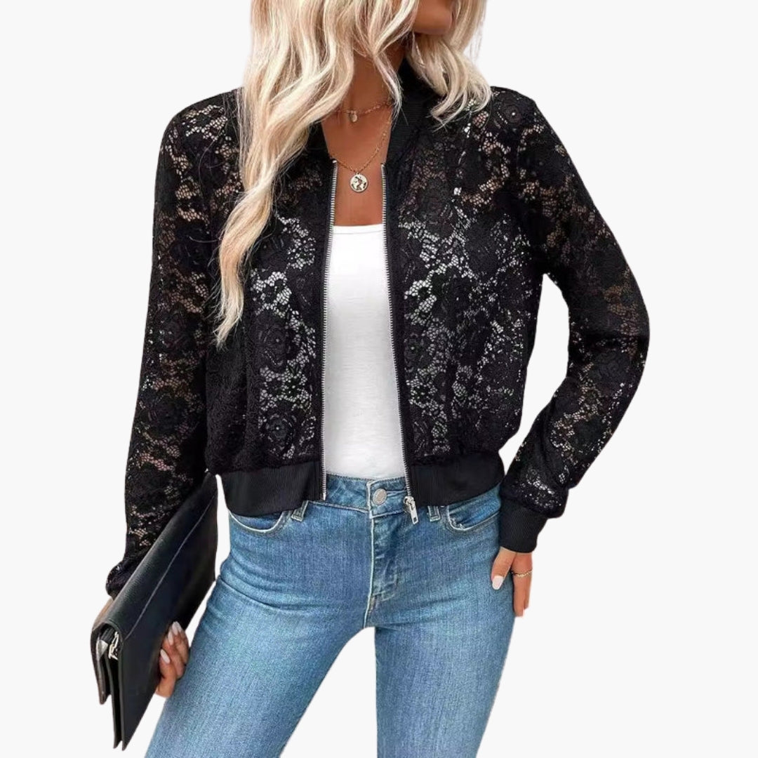 Women's lace bomber jacket with ribbed cuffs