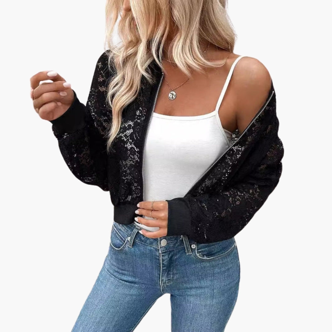 Women's lace bomber jacket with ribbed cuffs
