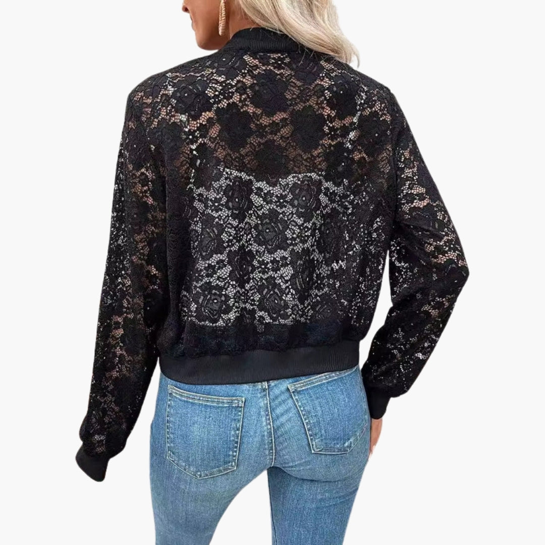 Women's lace bomber jacket with ribbed cuffs